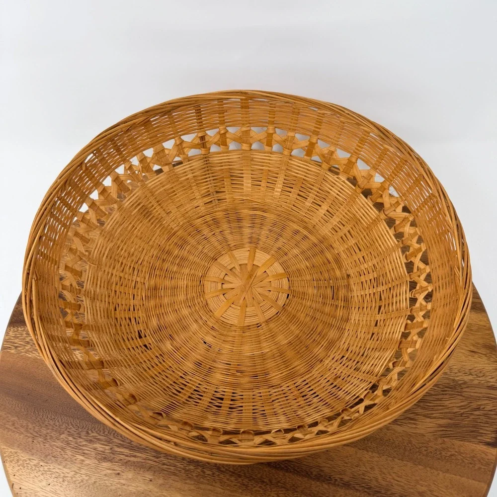 Vintage Woven Bamboo Round Basket Bowl Boho Decor 12 Inch